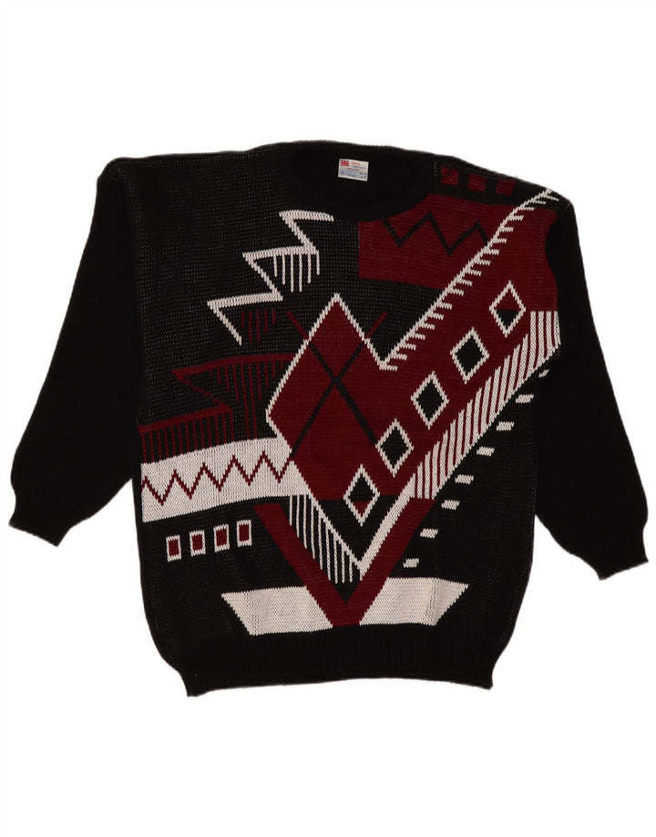 Vintage Herren Pullover mit Rundhalsausschnitt, groß, schwarz, geometrisch, Acryl