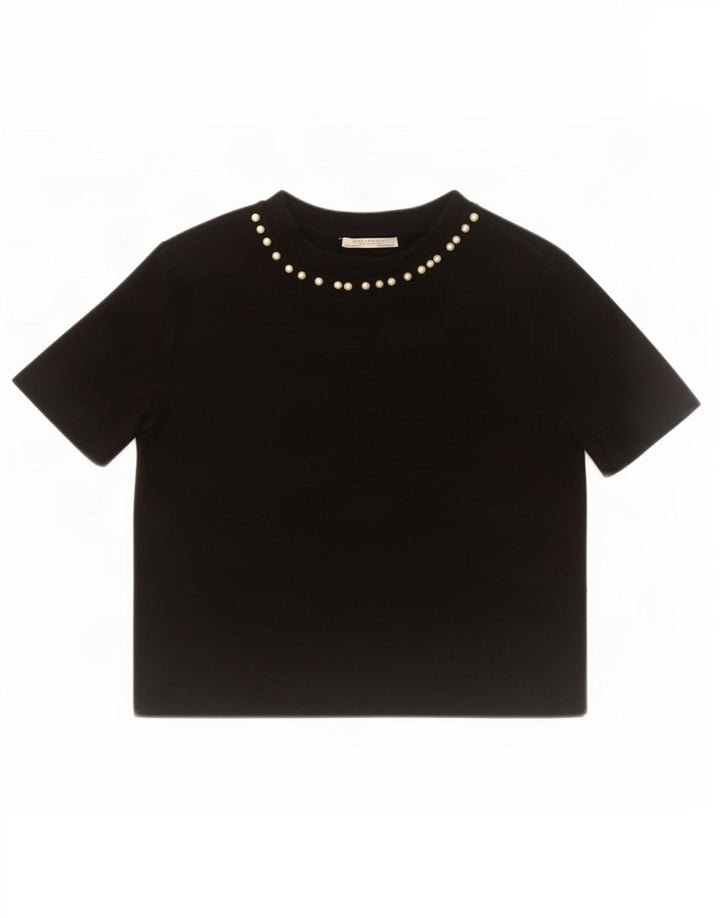 Zara Damen Crop Bluse Top UK 12 Mittelschwarze Baumwolle