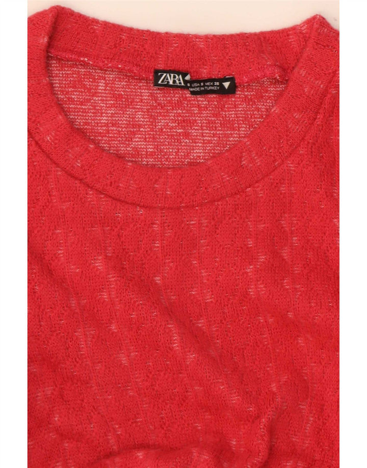 Zara Damen Crop Ruffle Front Top Langarm UK 8 Small Rot