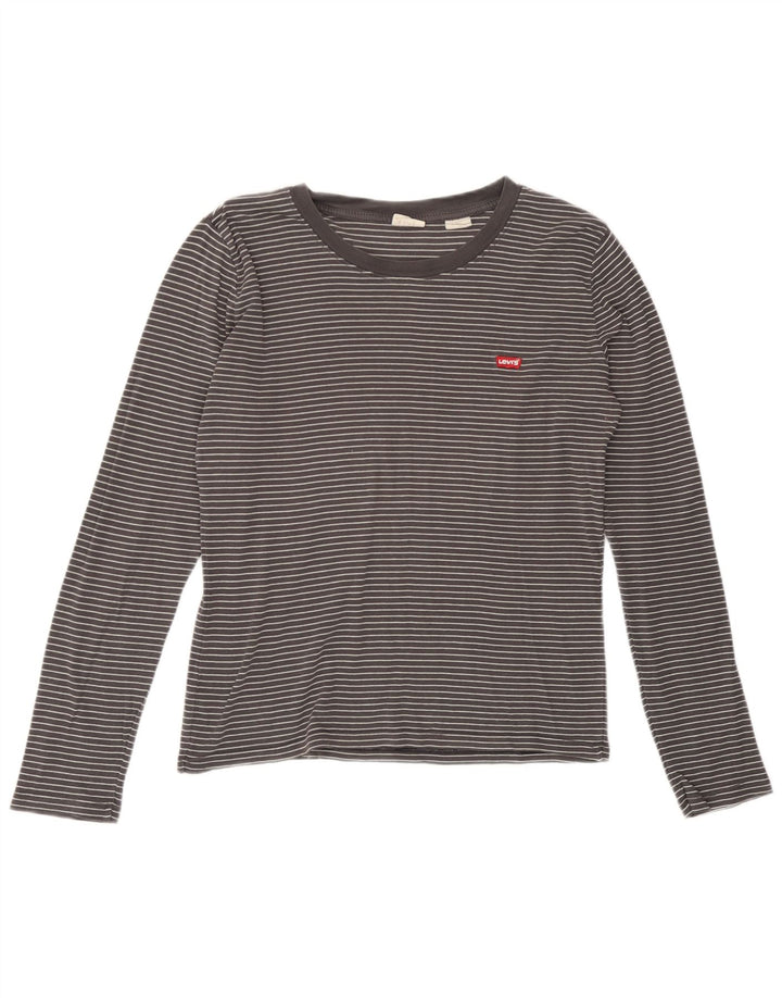 Levi's Damen Top Langarm UK 14 Mittelgraue Nadelstreifen-Baumwolle