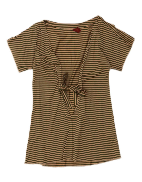 Dondup Womens Front Tie Blouse Top UK 10 Small Beige Striped Cotton