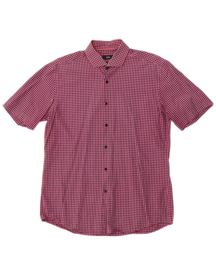 Hugo Boss Herren Kurzarm-Slim-Fit-Hemd, groß, rosa Gingham