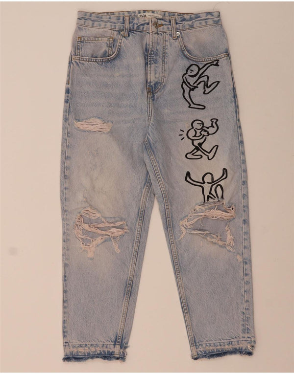 Zara Herren Graphic Distressed Cropped Jeans EU 38 Small W30 L24 Blaue Baumwolle