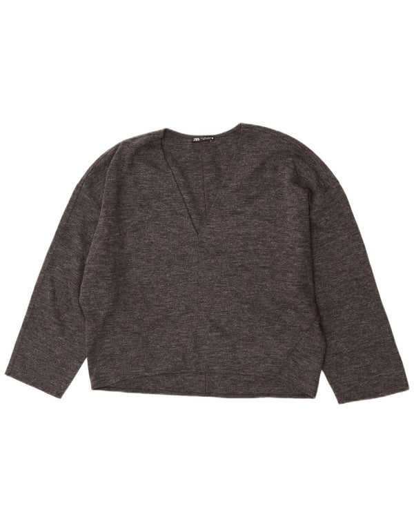Zara Damen-Pullover mit 3/4-Ärmeln und V-Ausschnitt, Gr. 40, Größe L, Grau meliert