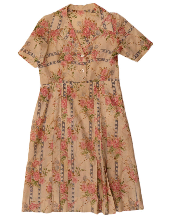 Vintage Damen A-Linie Kleid UK 12 Medium Beige Floral