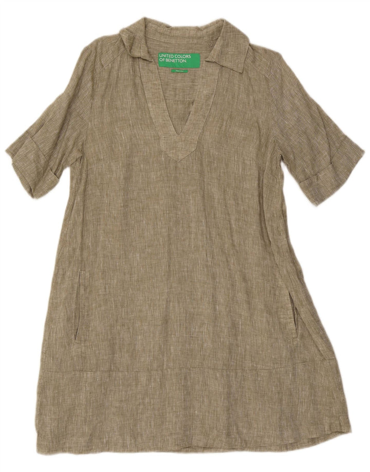Benetton Damen A-Linien-Kleid UK 14 Medium Khaki Leinen