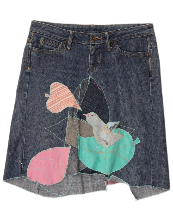 Mango Damen Asymmetrischer grafischer Jeansrock EU 40 Medium W30 Blaue Baumwolle