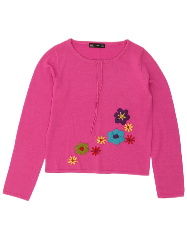 Zara Damen Pullover mit bauchfreiem U-Boot-Ausschnitt, Gr. 12, Mittelrosa, Blumenmuster, Acryl