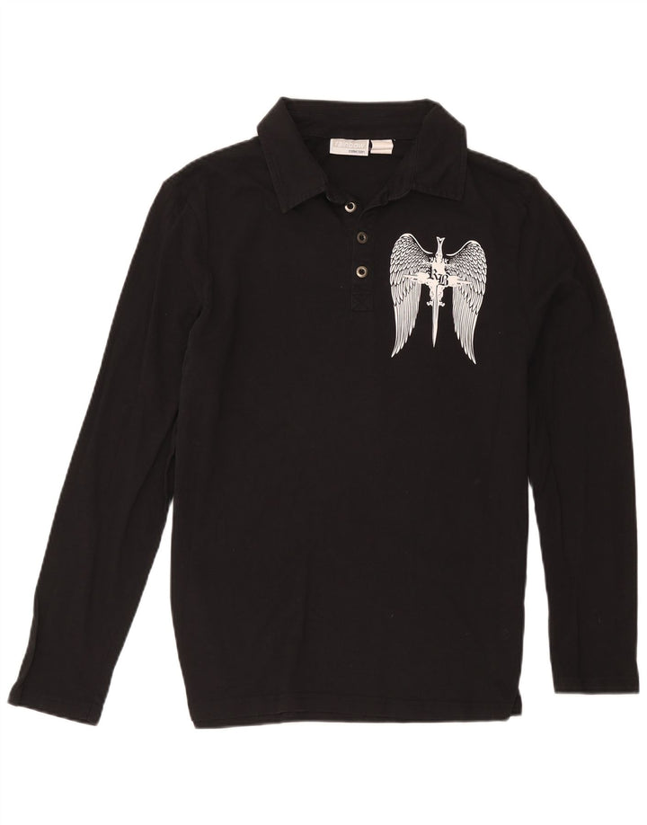 Rainbow Herren Grafik-Langarm-Poloshirt aus mittelschwarzer Baumwolle
