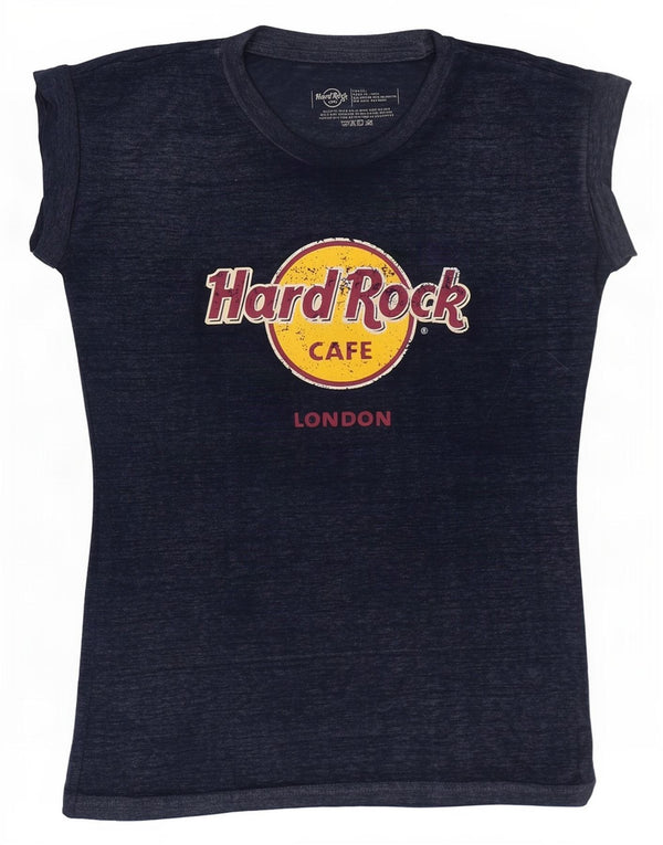 Hard Rock Cafe Damen London Graphic T-Shirt Top UK 6 XS Marineblau gefleckt