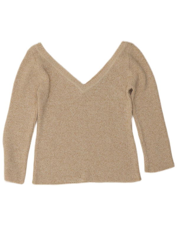 Zara Damen Crop 3/4-Ärmel-Pullover mit V-Ausschnitt, Gr. 14, Größe L, Beige gefleckt