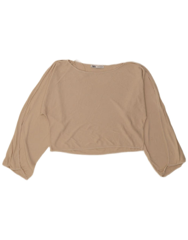 Zara Damen Crop U-Boot-Ausschnitt Pullover Pullover UK 16 Large Beige Viskose Modern