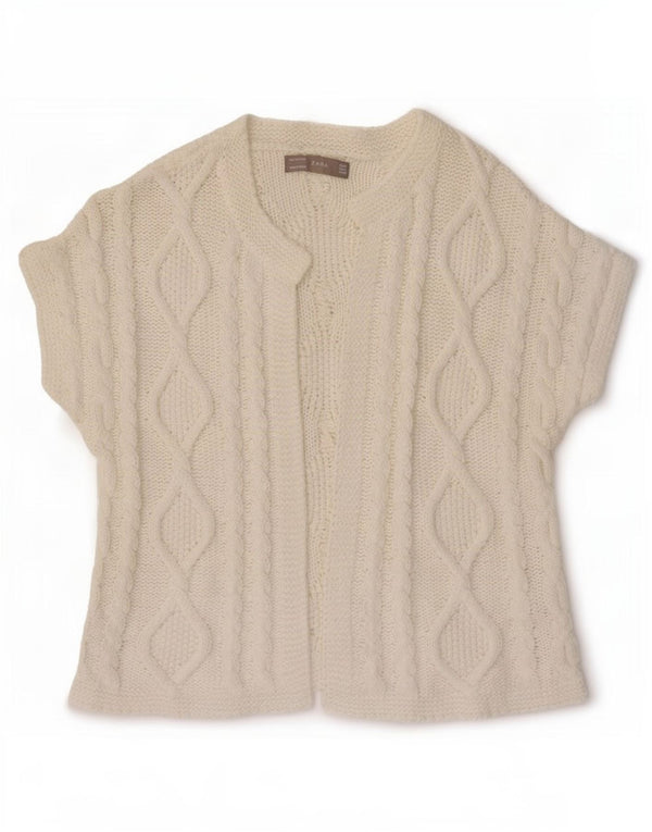 Zara Damen-Cardigan mit kurzen Ärmeln, UK-Gr. 14, mittlere, cremefarbene Baumwolle