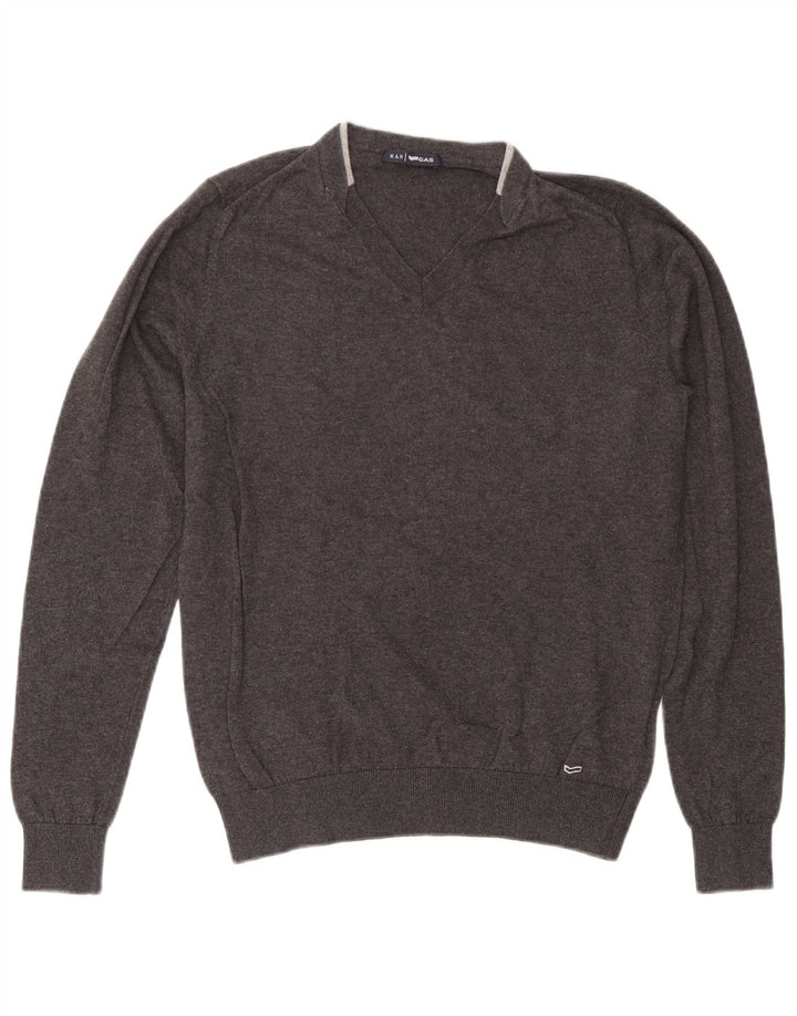 GAS Mens V-Neck Jumper Sweater Medium Grey Cotton
