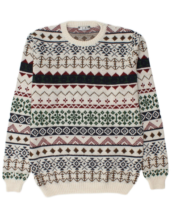 Vintage Herren Pullover mit Rundhalsausschnitt, groß, weiß, Fair-Isle-Acryl