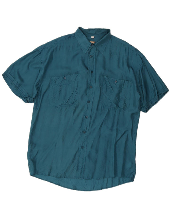 Vintage Herren Kurzarmhemd Größe 41/42 16 1/2 Große blaue Seide