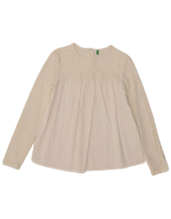 Benetton Langarm-Blusenoberteil für Mädchen, 13–14 Jahre, 3XL, weiße Baumwolle mit Blumenmuster
