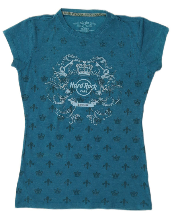 Hard Rock Cafe Damen Barcelona Graphic T-Shirt Top UK 10 Small Blau Baumwolle
