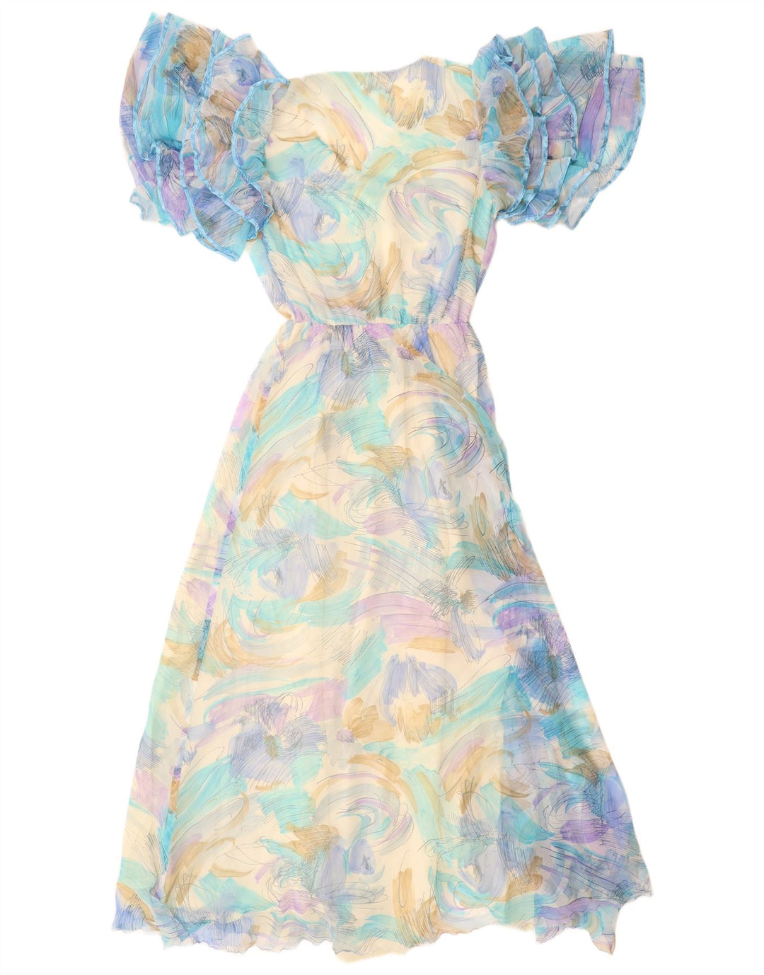 VINTAGE Damen Maxikleid mit abstraktem Muster UK 12 Mittelblau