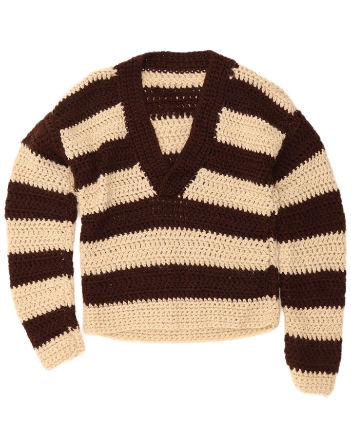 Vintage Damen V-Ausschnitt Pullover Pullover UK 12 Mittelbraun gestreift