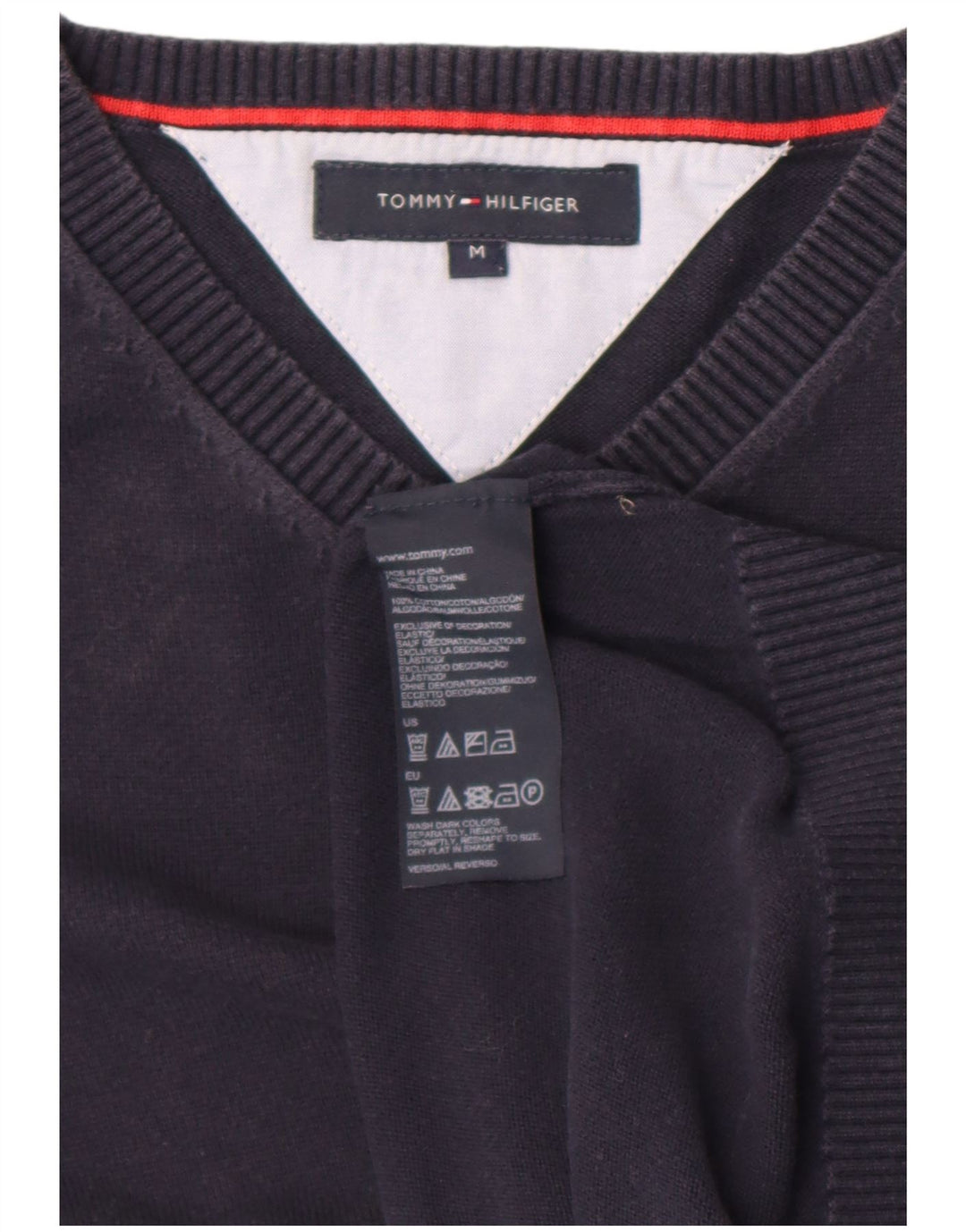 Tommy Hilfiger Herren-Pullover mit V-Ausschnitt, mittelmarineblaue Baumwolle