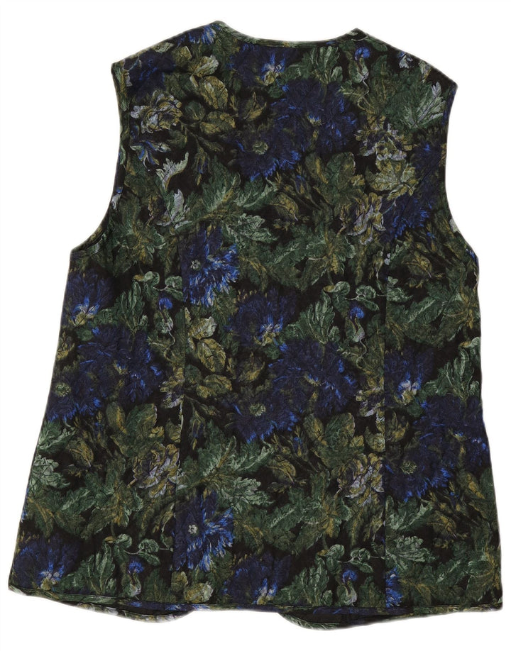 VINTAGE Offene Steppweste für Damen, EU 42, große schwarze Viskose mit Blumenmuster