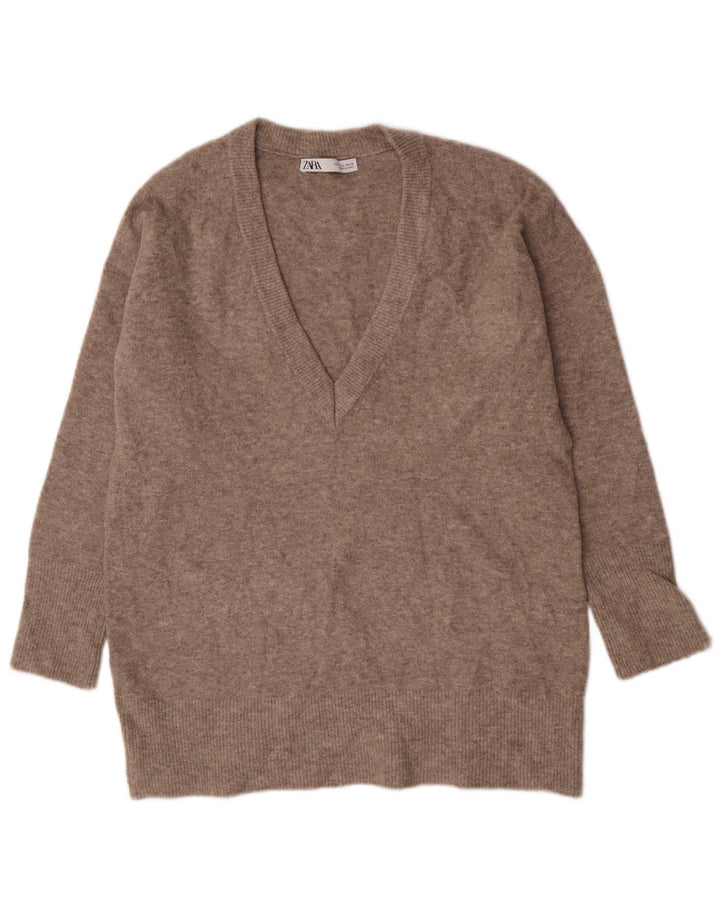 Zara Damen-Pullover mit V-Ausschnitt, übergroß, Gr. 10, Größe S, braun gefleckt