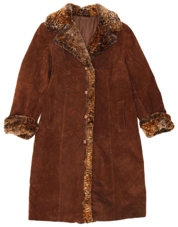 Vintage Damen Wildledermantel UK 14 Großes braunes Leder mit Animal-Print