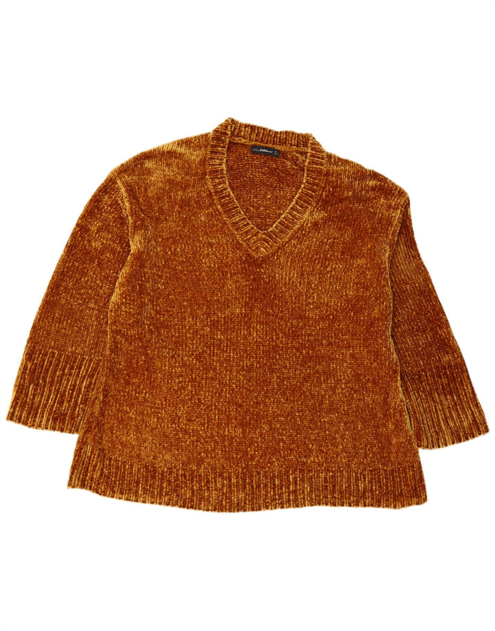 ZARA Damen-Pullover, übergroß, V-Ausschnitt, Gr. 14, Mittelbraun, Elastomer