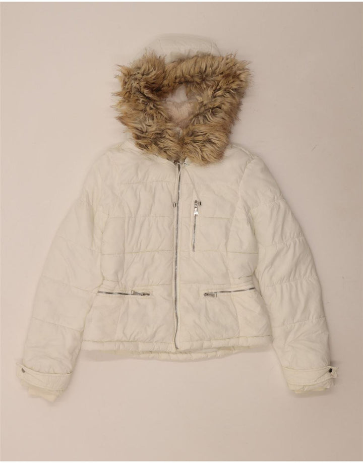 Zara Damen-Jacke mit Kapuze, wattiert, Gr. 10, Größe S, Weiß, Polyamid