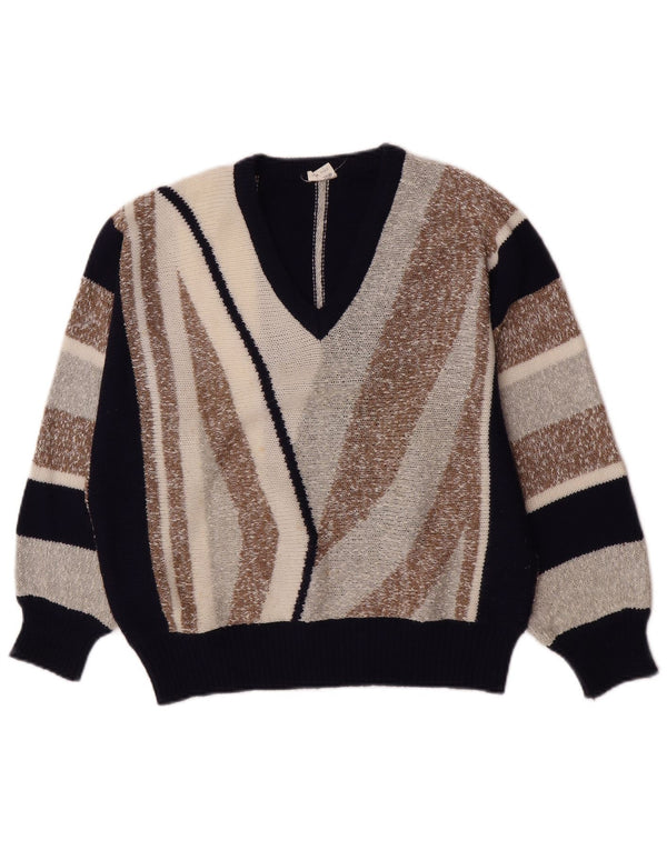 Vintage Damen Pullover mit V-Ausschnitt IT 44 Medium Navy Blue Colourblock