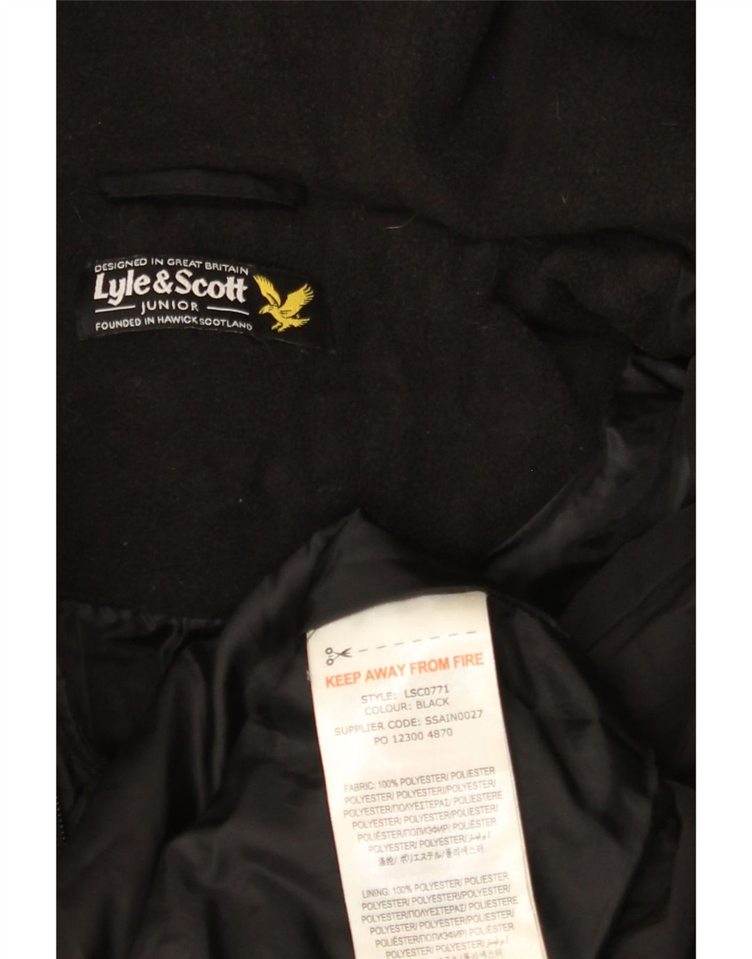 LYLE & SCOTT Wattierter Jungenmantel mit Kapuze, 15–16 Jahre, schwarzes Polyester