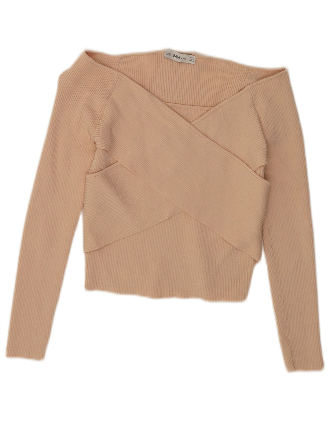Zara Damen Langarm Crop Off Shoulder Top UK 12 Mittelbeige Viskose
