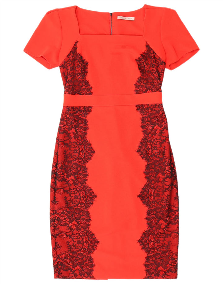 Marks & Spencer Damen Etuikleid UK 12 Mittelrotes, geblümtes Polyester