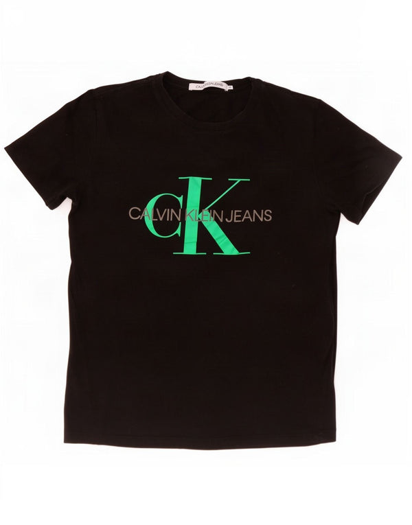 Calvin Klein Jeans Damen Grafik-T-Shirt-Oberteil UK 12 Mittelschwarze Baumwolle