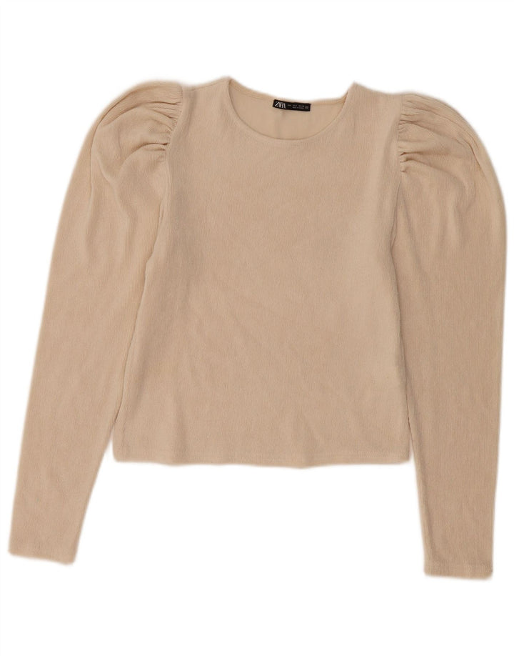 Zara Damen Crop Langarmbluse Top UK 10 Small Beige Polyester