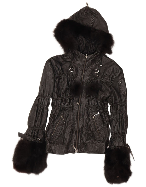 Kor@Kor Damen-Lederjacke mit Kapuze, UK 12, mittelschwarz