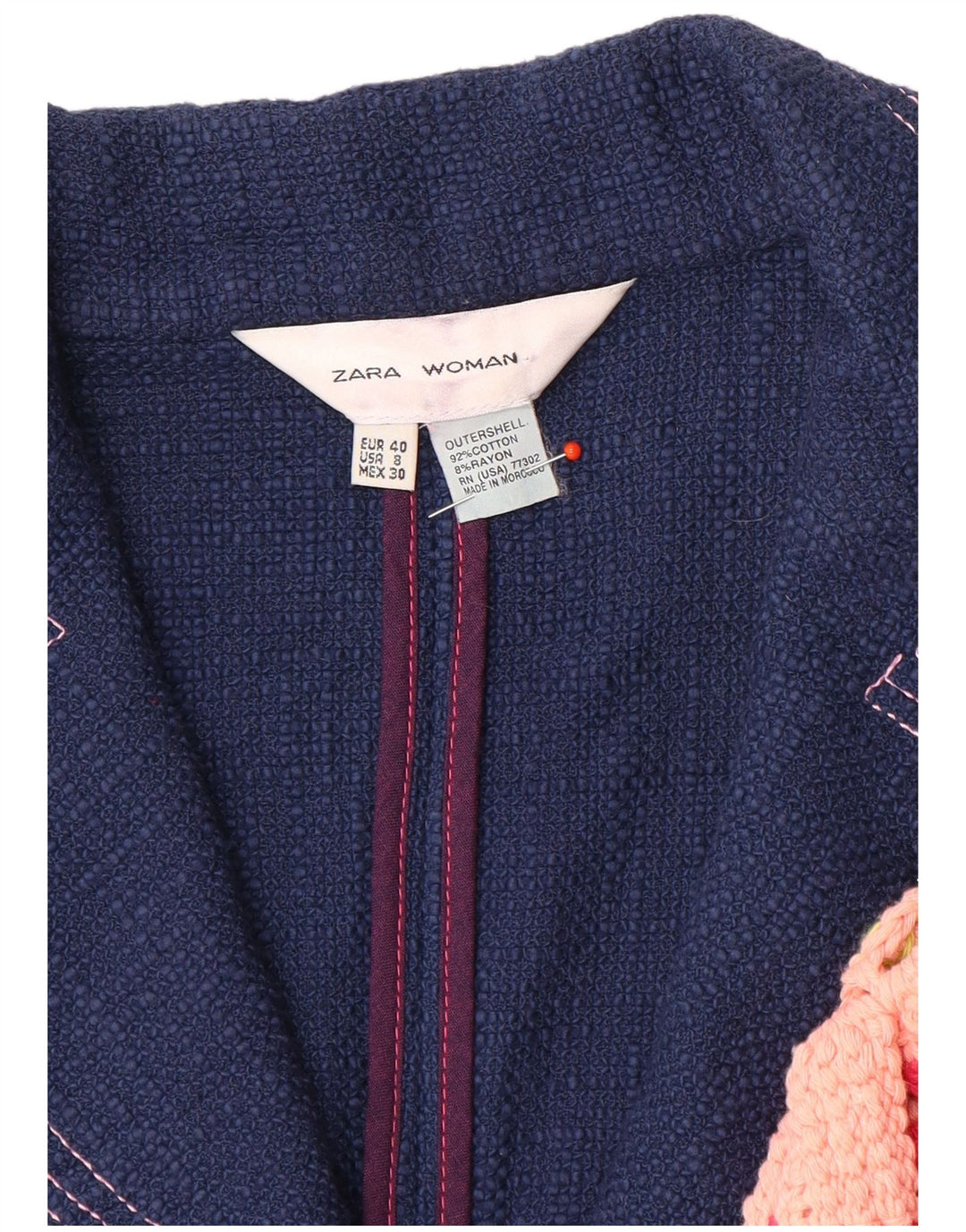 Zara Damen-Blazerjacke mit 3/4-Ärmeln und 1 Knopf, EU 40, mittelmarineblaue Baumwolle
