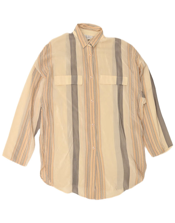 VINTAGE Übergroße Damen-Hemdbluse IT 42 Mittelbeige gestreifte Seide