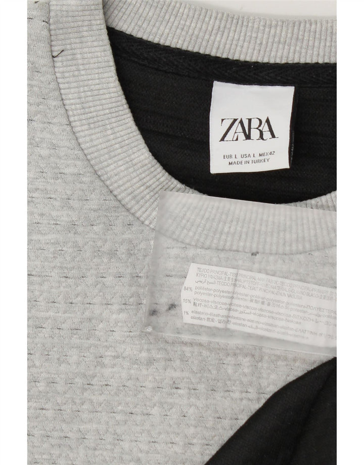 Zara Herren-Pullover mit Rundhalsausschnitt, groß, graues Farbblock-Polyester