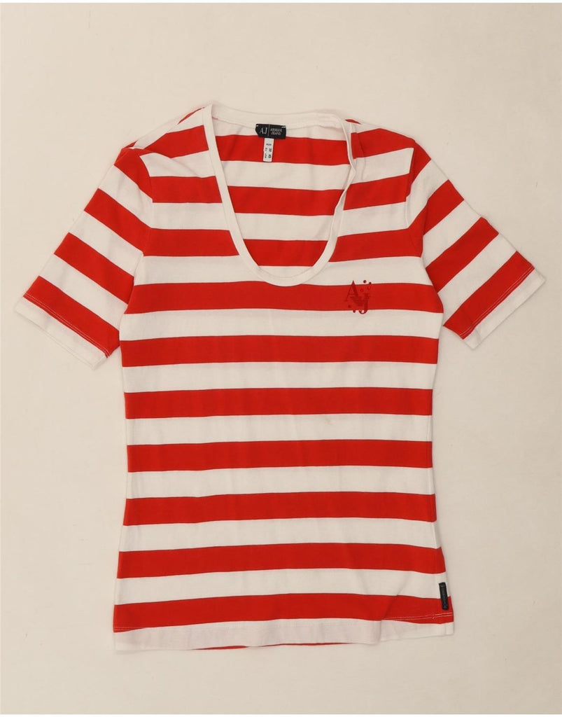 ARMANI Womens T-Shirt Top EU 38 Medium Red Striped Cotton Vintage Armani and Second-Hand Armani from Messina Hembry 