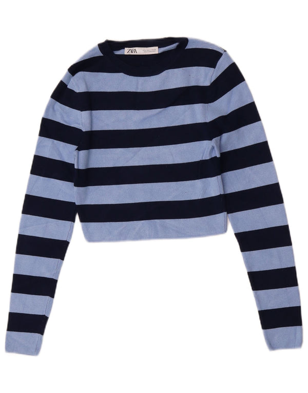 Zara Damen Crop Bluse Top UK 12 Mittelblau gestreift Viskose