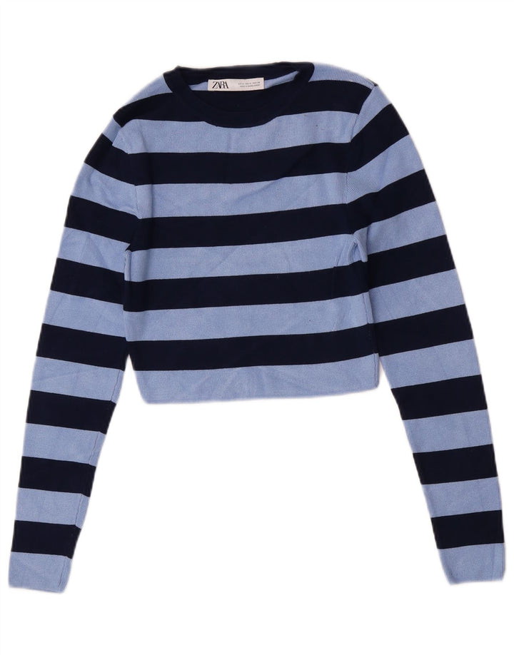 Zara Damen Crop Bluse Top UK 12 Mittelblau gestreift Viskose