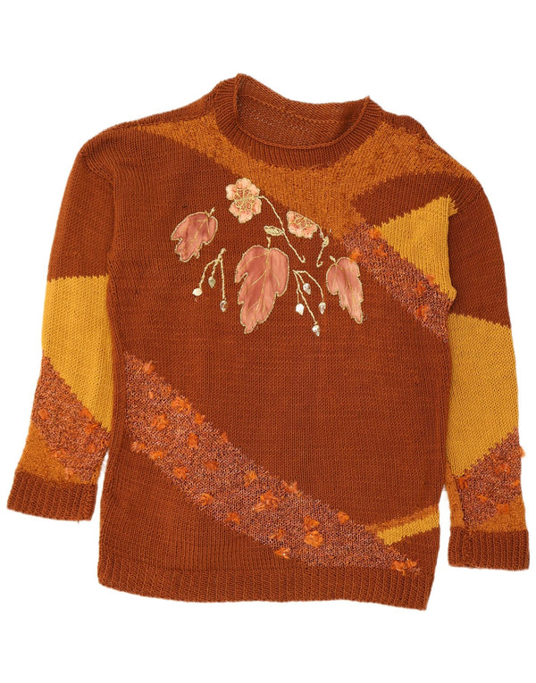 Vintage Damen Pullover mit Rundhalsausschnitt, Gr. 16, groß, braun geblümt