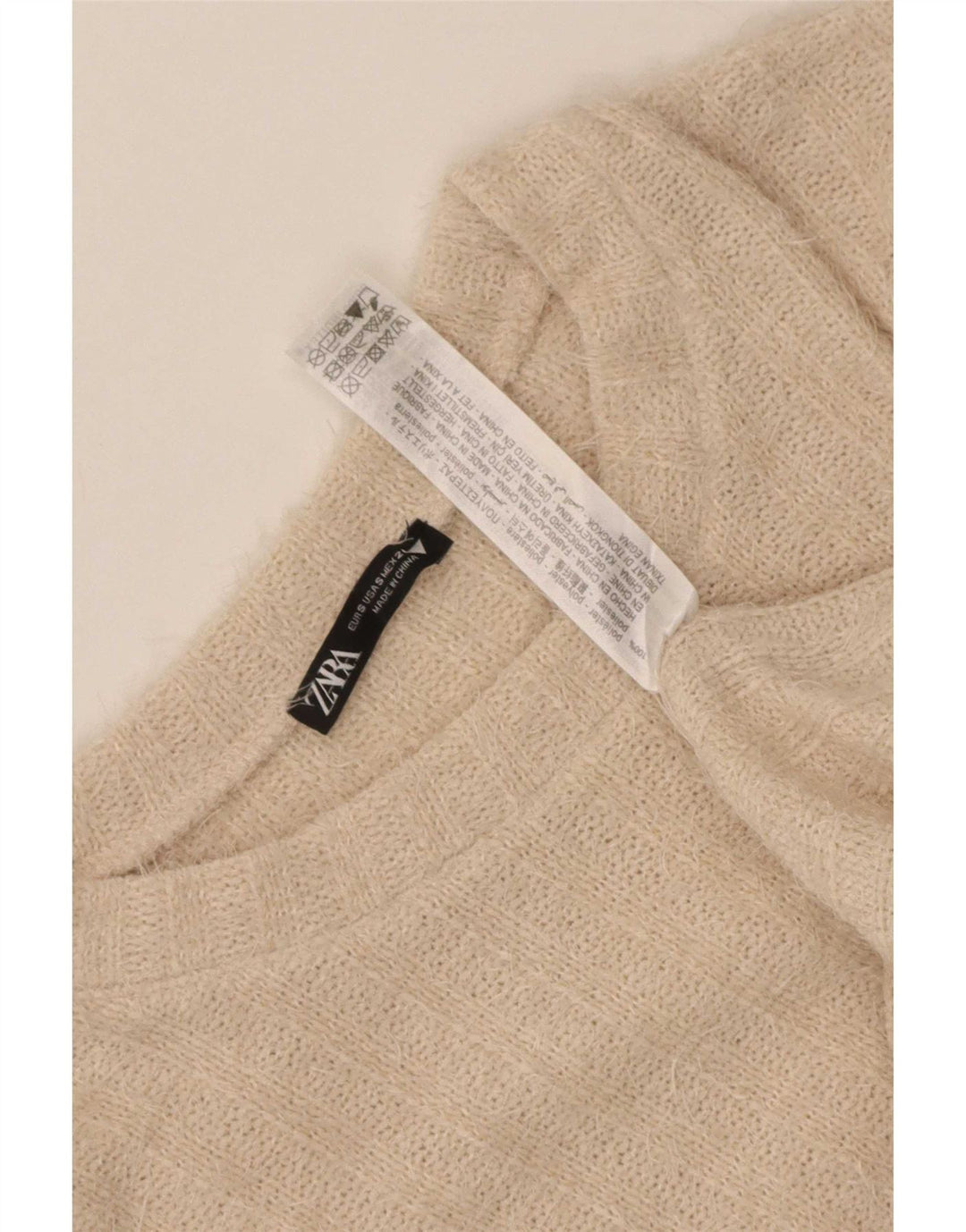 Zara Damen-Pullover mit Rundhalsausschnitt, Gr. 10, Größe S, Beige, gestreift, Polyester