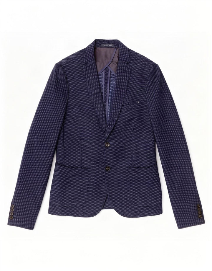 Zara Herren-Blazer mit 2 Knöpfen, EU 50, mittelmarineblau gefleckte Baumwolle