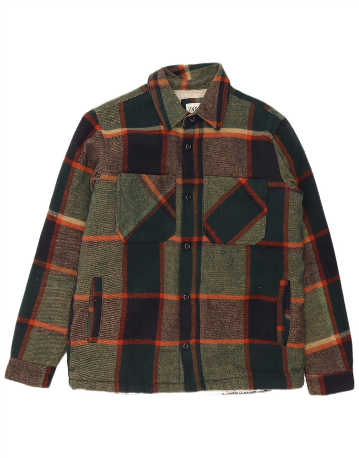 ZARA Herren Relaxed Fit Holzfäller-Flanellhemd, groß, grün kariert, Polyester