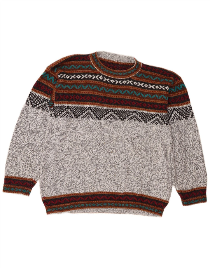 Vintage Herren Pullover mit Rundhalsausschnitt Mittelgrau Fair Isle
