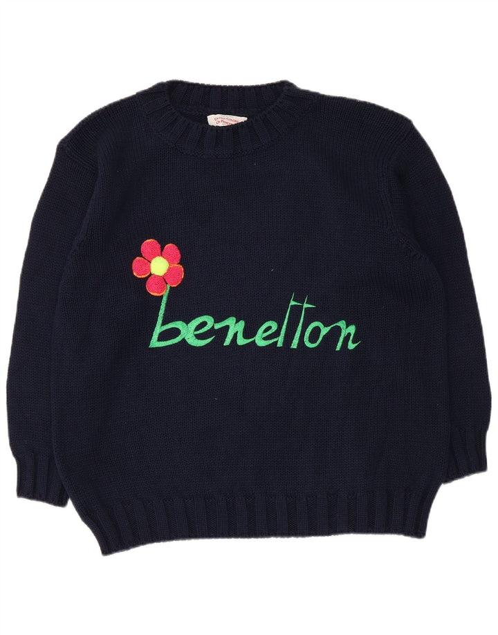 Benetton Damen-Pullover mit Rundhalsausschnitt, Größe 42, mittleres Marineblau mit Blumenmuster