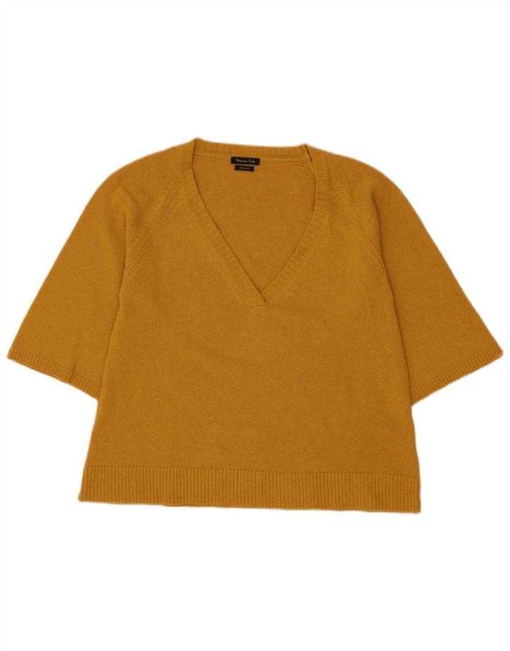Massimo Dutti Damen Pullover mit kurzen Ärmeln und V-Ausschnitt, Gr. 14, Mittelgelb